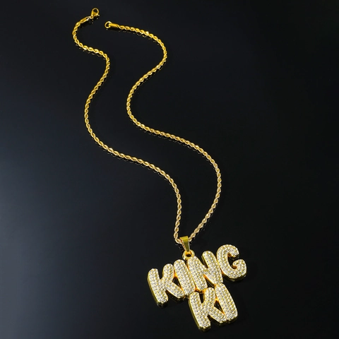 Collar con Colgante de Letra King Ki Hip Hop para Hombre Aleación Strass Joyería Iced Out Cadena de Cuerda Acero Inoxidable Oro Plata