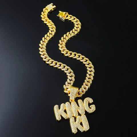 Collana da Uomo Hip Hop Iced Out con Ciondolo a Lettera King Ki Lega Strass Catena Cubana Oro Argento Accessori Gioielli Moda