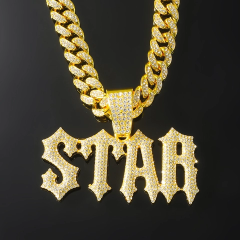 Collana con Ciondolo Lettera STAR Iced Out Hip Hop da Uomo Catena a Maglia Cubana in Lega di Zinco Strass Gioielli Moda Regalo