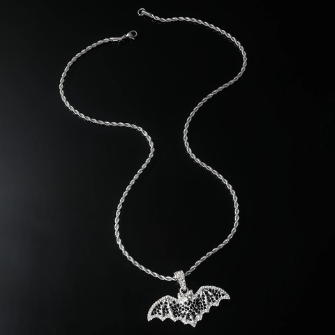 Gothic Bat Pendant Necklace Hip Hop Rhinestone Bat Wing Necklace Stainless Steel Rope Chain Halloween Jewelry Gift