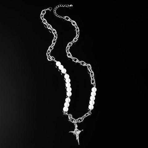 Titanstahl Spleißen Künstliche Perlenkette Für Damen Herren Stern Kreuz Anhänger Strass Eingelegt Punk Hip Hop Cool Stil Schmuck
