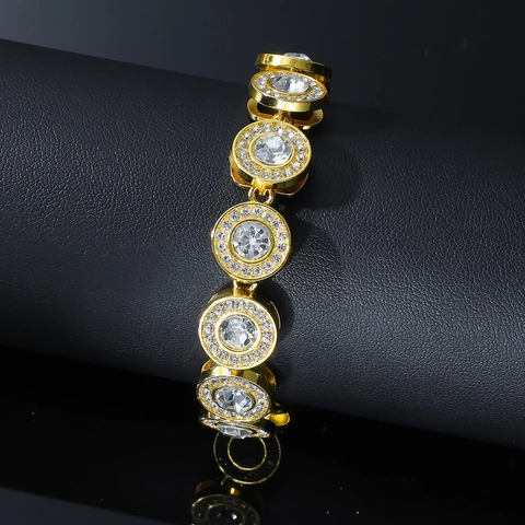 Bracciale Hip Hop da Uomo in Lega con Strass Catena a Maglie Rotonde Placcato Oro Argento Gioielli alla Moda Rap Regalo Lussuoso
