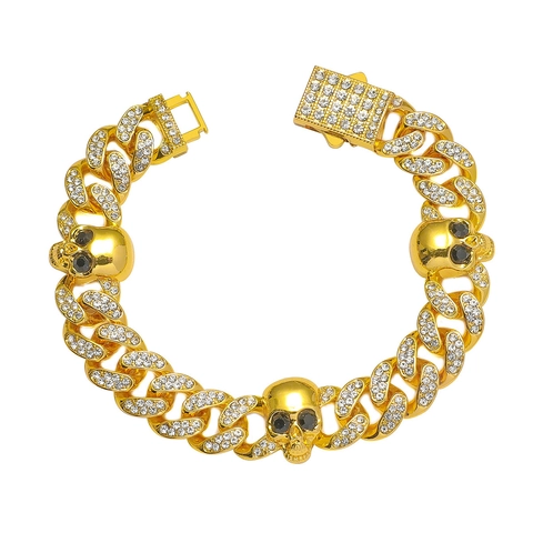 Bracciale Cuban Link con Teschio Hip Hop in Lega e Strass Iced Out Punk Esagerato Gioiello per Uomo Donna Festa Quotidiana