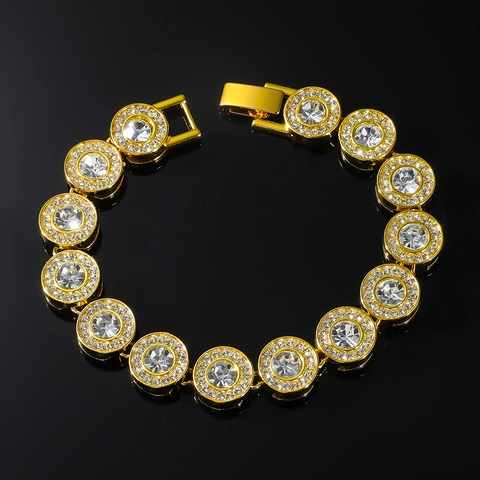 Bracciale Hip Hop in Lega con Strass per Uomo Placcato Oro Argento Maglia Circolare Gioielli di Moda Braccialetto
