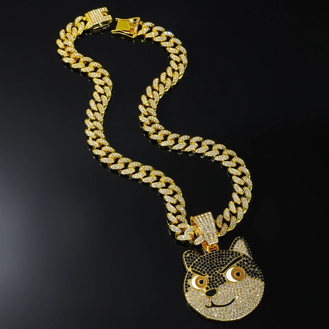 Hip Hop Iced Out Hundekopf Anhänger Halskette Für Herren Legierung Strass Shiba Inu Panzerkette Punk Streetwear Schmuck