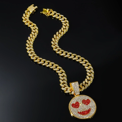Hip Hop Iced Out Herz Augen Smiley Emoji Anhänger Halskette Gold Silber Legierung Strass Kubanische Gliederkette Schmuck