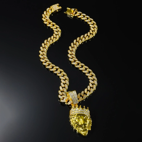 Hip Hop Heren Legering Kroon Leeuwenkop Hanger Halsketting Met Cubaanse Schakelketting Strass Streetwear Sieraden