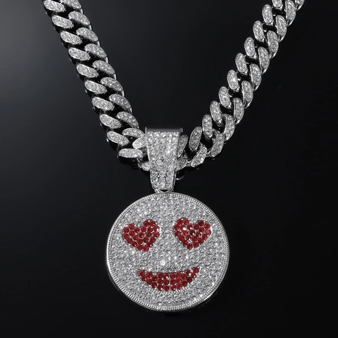 Hip Hop Iced Out Herz Augen Smiley Emoji Anhänger Halskette Gold Silber Legierung Strass Kubanische Gliederkette Schmuck