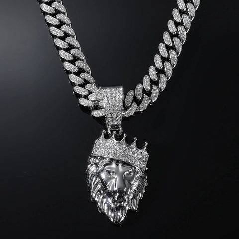 Hip Hop Herren Legierung Krone Löwenkopf Anhänger Halskette Mit Panzerkette Strass Streetwear Schmuck Halskette