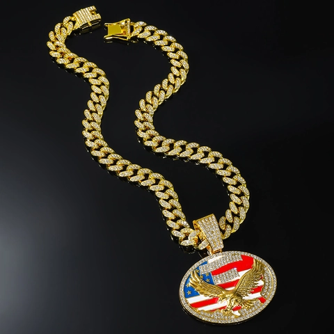 Collana con Ciondolo Aquila e Bandiera Americana Hip Hop Iced Out per Uomo in Lega con Strass e Catena Cubana Oro Argento