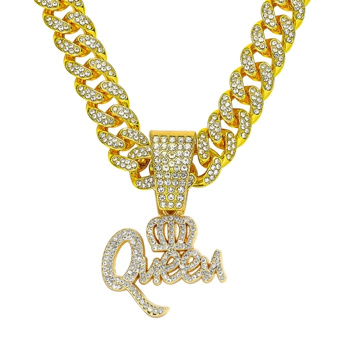 Hip Hop Strass Krone Queen Buchstabe Anhänger Halskette Für Damen Zinklegierung Panzerkette Mode Schmuck Geschenk
