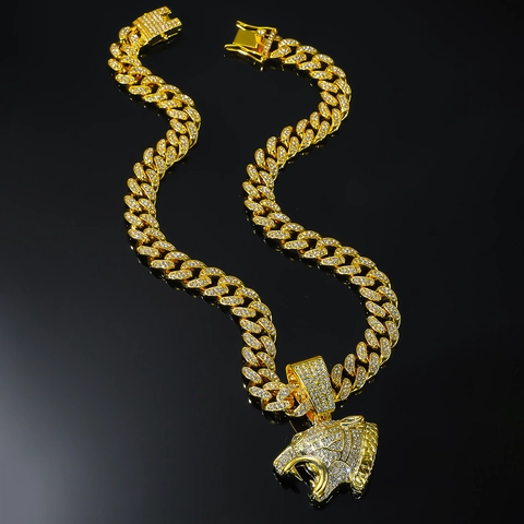 Collana con Pendente a Testa di Pantera Iced Out Lega Strass Maglia Cubana Gioielli Hiphop per Uomo Festa Accessorio