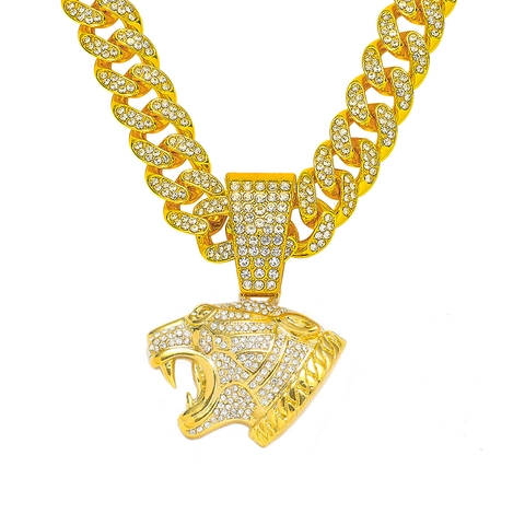 Collana con Pendente a Testa di Pantera Iced Out Lega Strass Maglia Cubana Gioielli Hiphop per Uomo Festa Accessorio