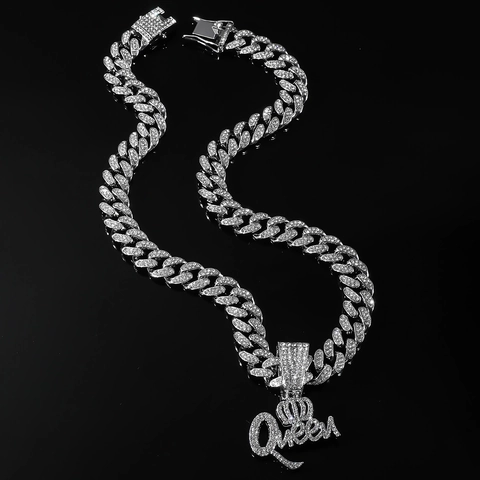 Hip Hop Legierung Strass Queen Krone Buchstaben Anhänger Halskette Gold Silber Panzekette Herren Schmuck