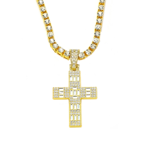 Hip Hop Zinklegierung Iced Out Kreuz Anhänger Halskette Für Herren Gold Silber Galvanisiert Strass Tennis Kette Schmuck