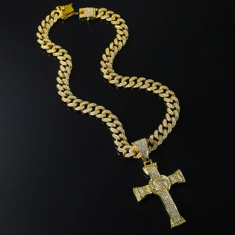 Hip Hop Uomo Punk Croce Ciondolo Collana Lega di Zinco Strass Iced Out Catena Cubana Oro Argento Uomo Gioielli Regalo