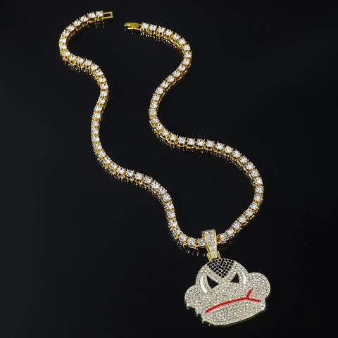 Collana con Ciondolo Scimmia Gorilla Hip Hop Iced Out Uomo Lega di Zinco Strass Catena Tennis Oro Argento Gioielli Streetwear