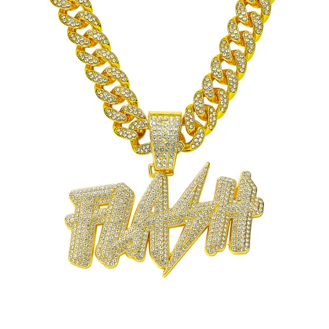 Collana da Uomo Hip Hop Ciondolo Lettera FLASH Completamente Ricoperto di Strass Catena Cubana in Lega di Zinco Oro Argento Gioielli