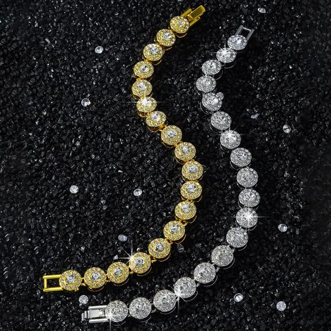 Bracciale Tennis Hip Hop in Lega con Strass per Uomo Donna Iced Out Catena a Maglie Round Halo Cluster Gioielli Oro Argento