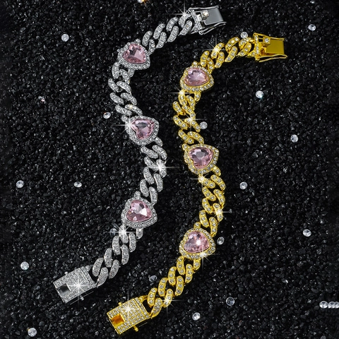 Hip Hop Heart Cuban Link Bracelet For Men Women Alloy Rhinestone Pave Iced Out Jewelry Heart Splicing Fashion Wristband