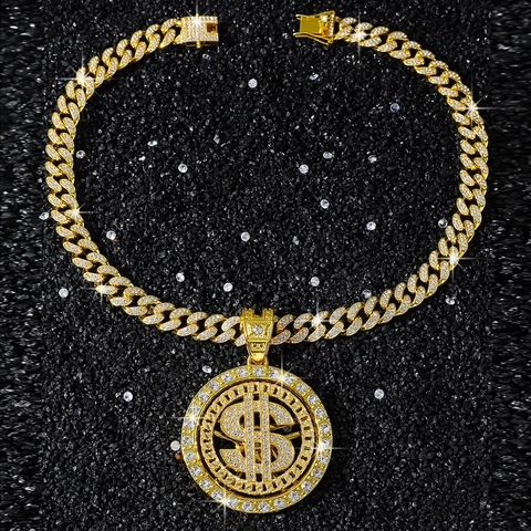 Hip Hop Zinc Alloy Full Rhinestone Dollar Sign Pendant Cuban Chain Necklace For Men Gold Silver Plated Exaggerated Jewelry