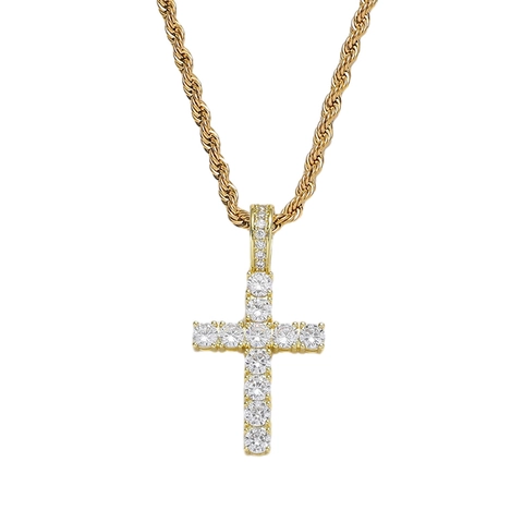 Collana con Ciondolo a Croce in Zirconia Classica Hip Hop Catena a Corda in Acciaio Inox Rame Oro Argento Gioielli per Uomo Donna