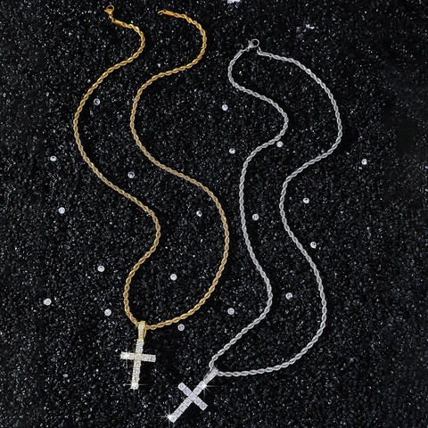 Collana con Ciondolo a Croce in Zirconia Classica Hip Hop Catena a Corda in Acciaio Inox Rame Oro Argento Gioielli per Uomo Donna