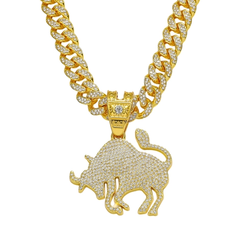 Collier Hip Hop Homme en Alliage de Zinc Pendentif Taureau Strass Or Argent Électroplaqué Chaîne Gourmette Bijoux