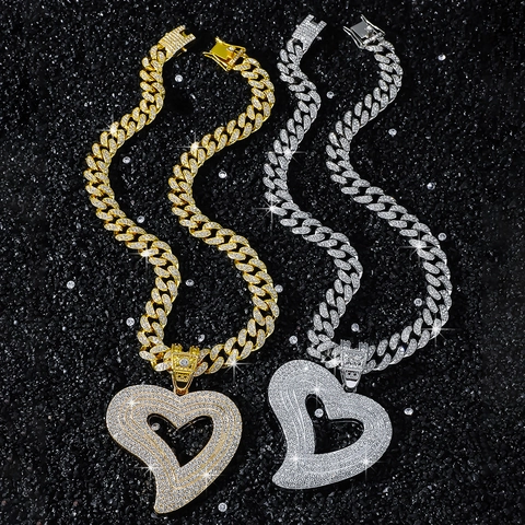 Collana con Ciondolo a Cuore Hip Hop Uomo Oro Argento Strass Iced Out Catena Cubana Lega di Zinco Cuore Cavo Gioielli per Festa