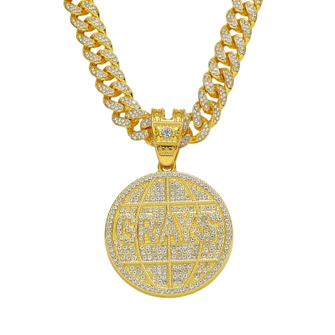 Hip-Hop Iced Out Erden Rundscheibe Anhänger Halskette Herren Zinklegierung Strass Panzerkette Gold Silber Modeschmuck