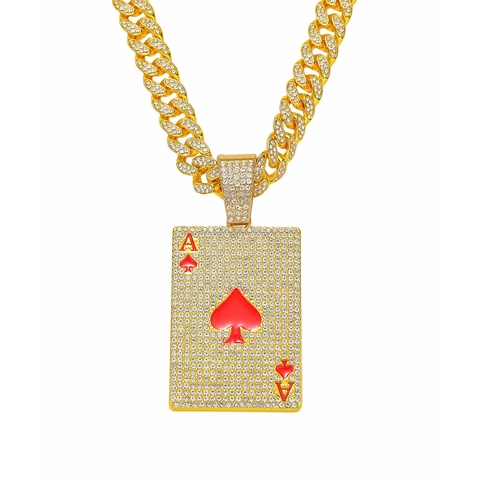 Collier Pendentif As de Cœur Poker Hip Hop Alliage Strass Bling Chaîne Cubaine pour Hommes Bijoux Streetwear