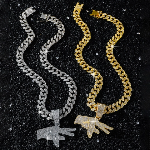 Collier Hip Hop Pendentif Geste de la Main Alliage de Zinc Strass Chaîne Cubaine pour Hommes Femmes Bijoux de Mode Streetwear