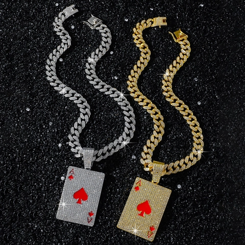 Collier Pendentif As de Cœur Poker Hip Hop Alliage Strass Bling Chaîne Cubaine pour Hommes Bijoux Streetwear