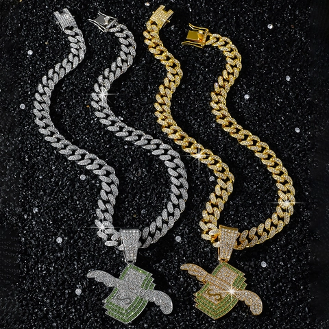 Collana con Ciondolo Ali Segno del Dollaro Pavé di Strass Hip Hop Lega di Zinco Oro Argento Catena Cubana Gioielli da Uomo