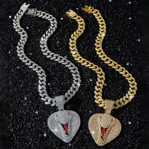 Collana con Pendente a Forma di Cuore e Cobra Hip Hop Iced Out Catena a Maglia Cubana Strass Oro Argento Gioielli Uomo