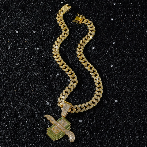 Hip Hop Geld Flügel Anhänger Halskette Zinklegierung Strass Herren Schmuck Streetwear Panzerkette Gold Silber Dollarzeichen Schmuck