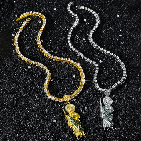 Collana con Ciondolo San Giuda Hip Hop da Uomo in Lega di Zinco con Strass Intarsiato Carattere Religioso con Catena Tennis