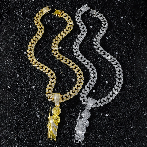 Hip Hop Sint Jude Religieuze Figuur Hanger Ketting Voor Mannen Goud Zilver Verguld Zinklegering Strass Cubaanse Schakel Sieraden