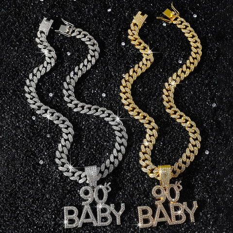 Collar Con Colgante De Letra 90s BABY Hip Hop Para Hombres Mujeres Diamantes De Imitación Aleación De Zinc Cadena Cubana Joyería