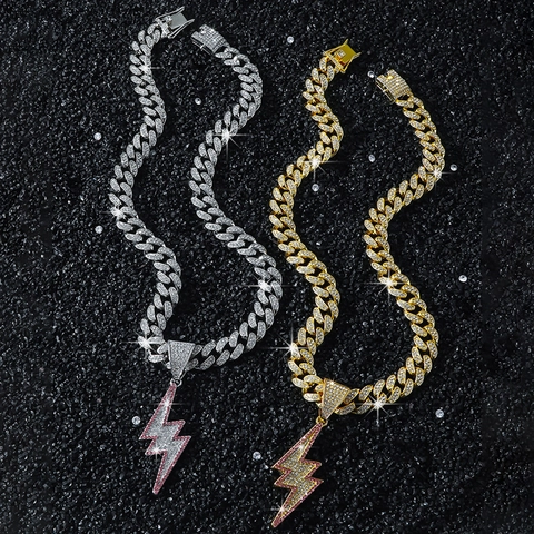 Collar con Colgante de Rayo Hip Hop de Aleación de Zinc con Diamantes de Imitación Incrustados Cadena Cubana Joyería de Moda