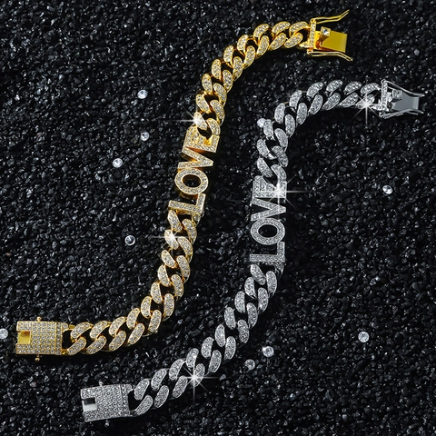 Pulsera Hip Hop Eslabón Cubano Diamantes de Imitación Letra LOVE Aleación de Zinc Oro Plata Cadena Joyería para Hombres Mujeres Fiesta Regalo