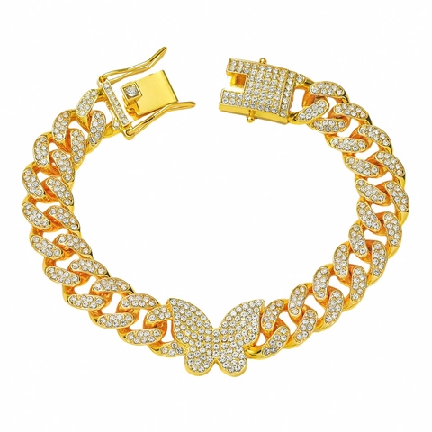 Bracelet Chaîne Cubaine Papillon Hip Hop Iced Out pour Hommes Femmes Bijoux Bracelet Papillon en Alliage Strass