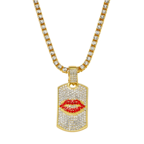 Collana Con Ciondolo a Forma di Labbra Rosse Hip Hop Iced Out Uomo Lega di Zinco Dorata Argentata Strass Ciondolo Rettangolare Gioielli