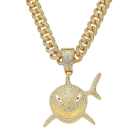 Hip Hop Shark Pendant Necklace For Men Bling Rhinestone Zinc Alloy Cuban Link Chain Street Fashion Jewelry Gift