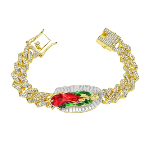 Pulsera Hip Hop Iced Out Medallón Virgen María Cadena Cubana Para Hombres Mujeres Joyas Religiosas Aleación Diamantes Imitación Esmalte