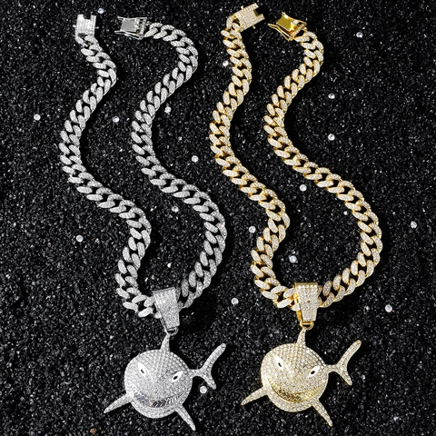 Hip Hop Shark Pendant Necklace For Men Bling Rhinestone Zinc Alloy Cuban Link Chain Street Fashion Jewelry Gift