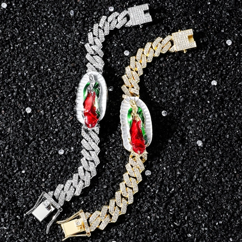 Pulsera Hip Hop Iced Out Medallón Virgen María Cadena Cubana Para Hombres Mujeres Joyas Religiosas Aleación Diamantes Imitación Esmalte