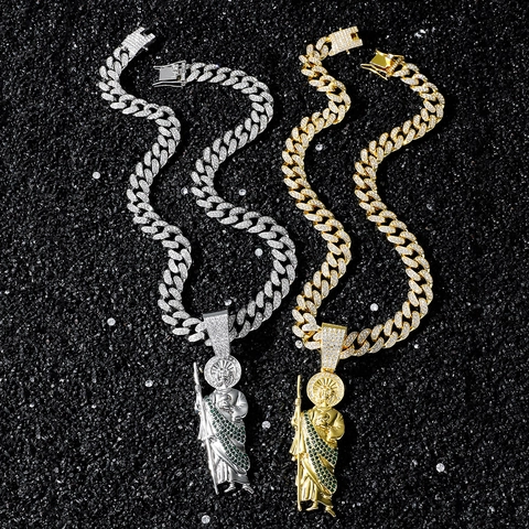 St. Jude Thaddäus Religiöse Anhänger Halskette Für Herren Hip Hop Zinklegierung Strass Panzerkette Gold Silber Schmuck