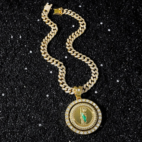 Collana con Pendente Saint Jude Rotante da Uomo Hip Hop Lega di Zinco Strass Religioso Saint Jude Tadeo Catena Cubana