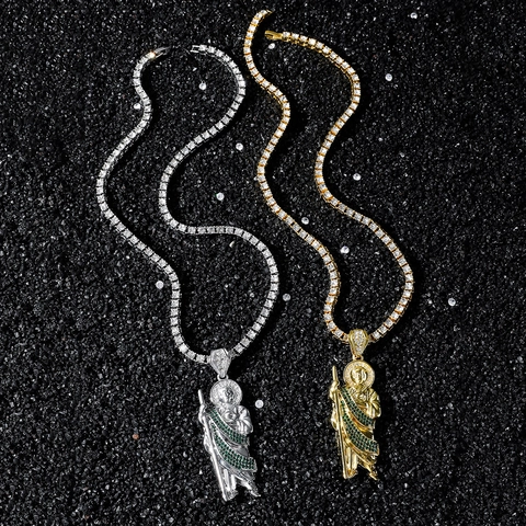 Hip Hop Religioso San Judas Colgante Collar Oro Plata Plateado Aleación de Zinc Diamantes de Imitación Pave Tenis Cadena Collar Para Hombres Mujeres Joyería
